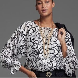 WhiteHouse BlackMarket Long-Sleeve Silk Boat Neck Burnout Blouse, Size Medium